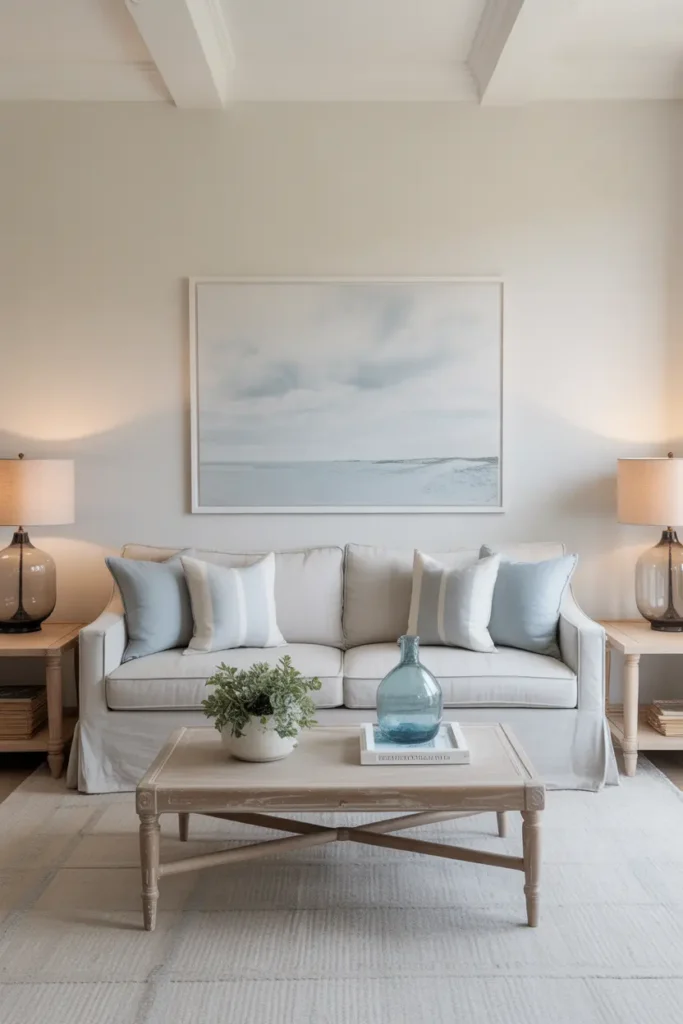 A coastal farmhouse living room with a large jute rug, white sofa, rustic wood coffee table, striped pillows, candles, greenery, and warm natural light.