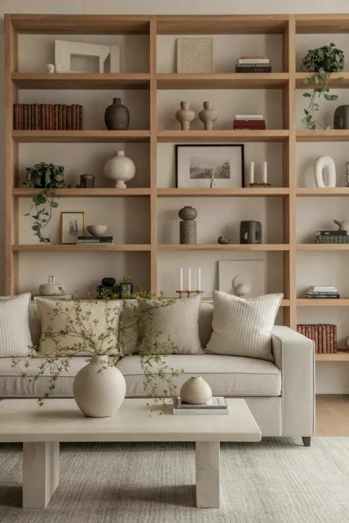 A refined living room with curated oak shelves, linen sofa, travertine table, ceramic vases, books, framed art, candles, and trailing greenery.