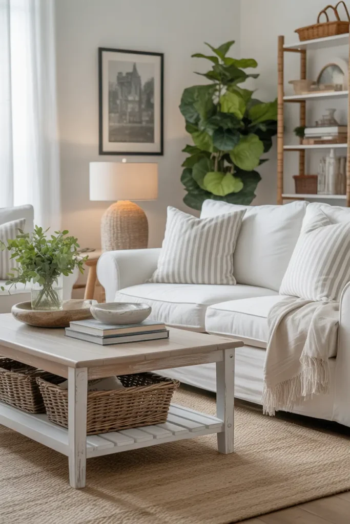 A relaxed coastal cottage living room with slipcovered white sofa, striped pillows, rustic wood coffee table, woven baskets, layered throws, books, and jute rug.