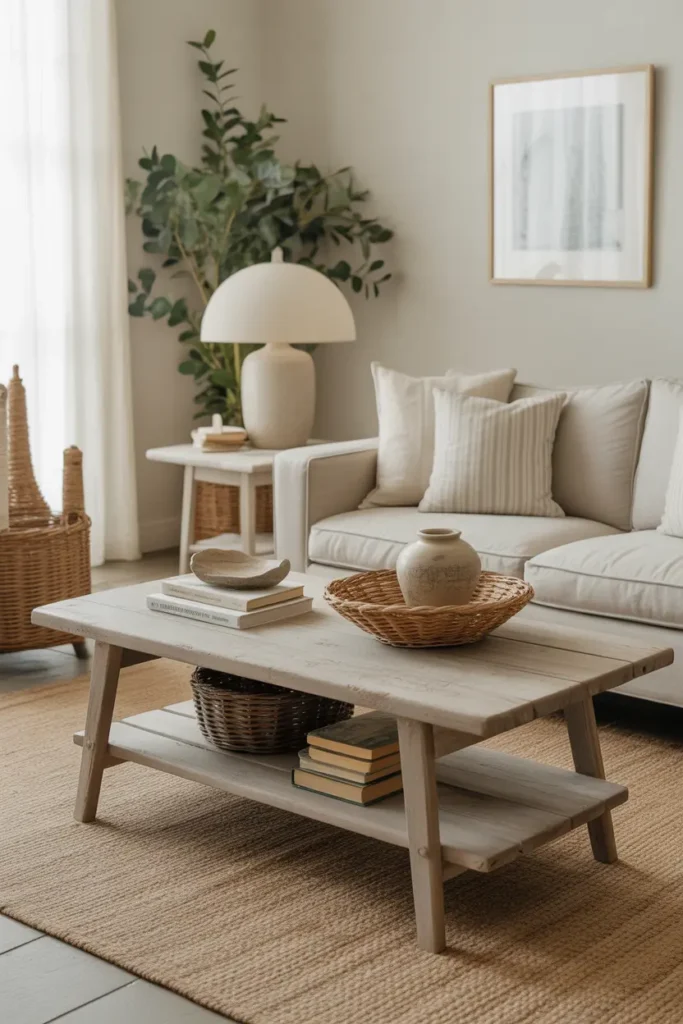A relaxed coastal living room with weathered wood coffee table, matching side table, linen sofa, woven baskets, pottery, stacked books, jute rug, and soft natural shadows.