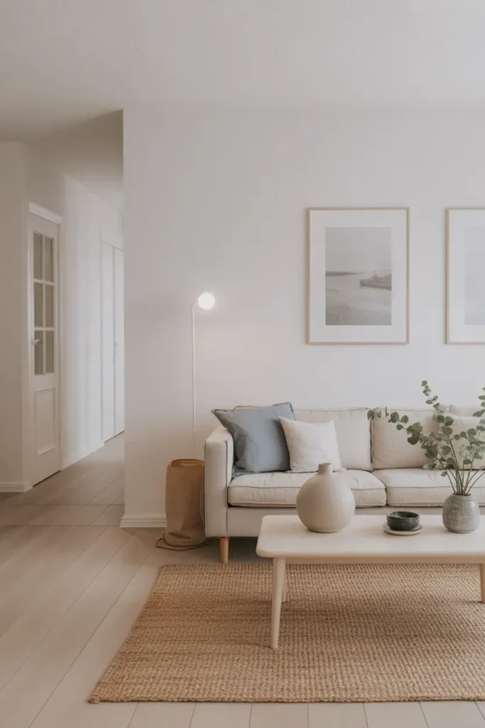 A Scandinavian coastal living room with light wood flooring, white walls, beige sofa, textured rug, minimal coffee table, ceramic decor, greenery, and muted blue accents.