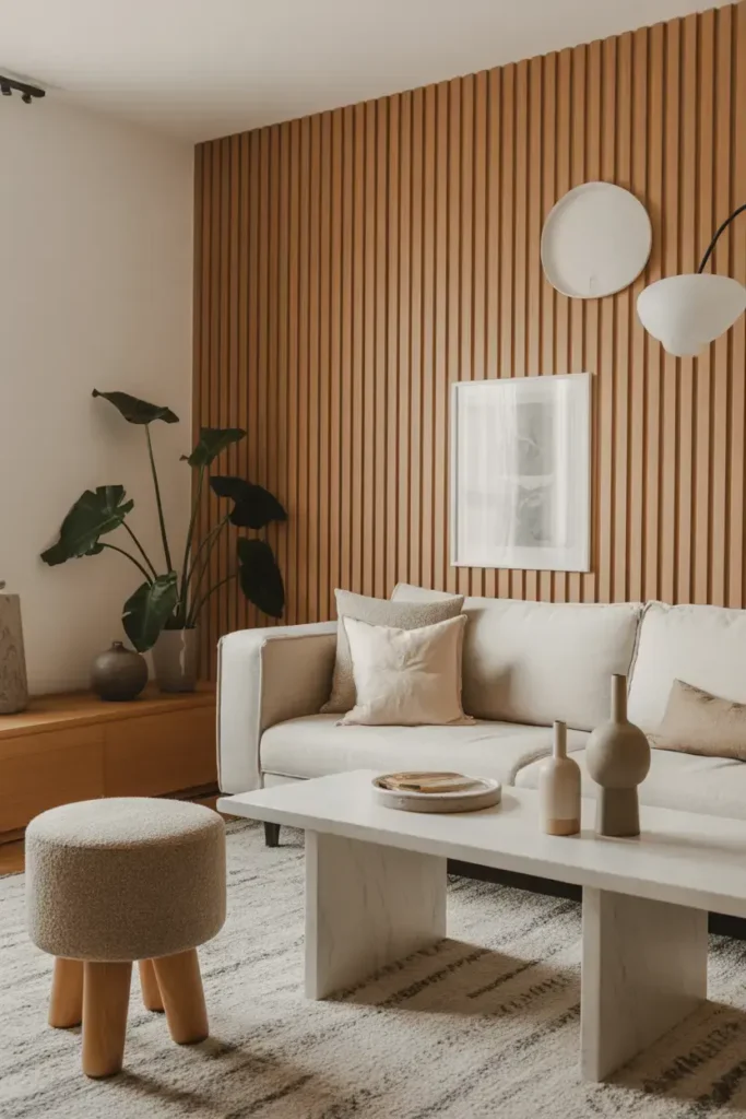A cream living room with rounded edge furniture, curved sofa, oval wood table, rounded side table, plaster walls, linen curtains, and layered textiles.