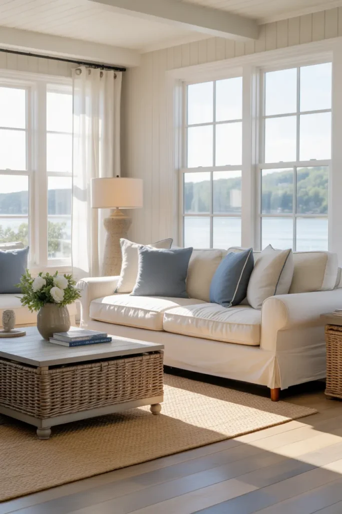 A soft lakehouse inspired coastal living room with creamy upholstery, pale wood floors, large windows, woven textures, blue pillows, and a calm view focused layout.