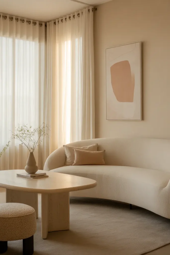 A soft modern living room with a curved ivory sofa, travertine table, boucle ottoman, sheer curtains, abstract art, and warm afternoon light.