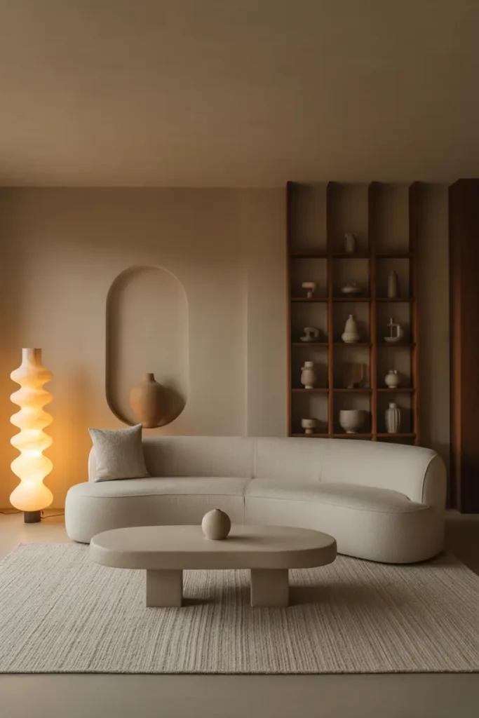 A soft organic modern living room with a sculptural floor lamp, curved linen sofa, stone coffee table, textured rug, wood accents, ceramic decor, and warm evening light.