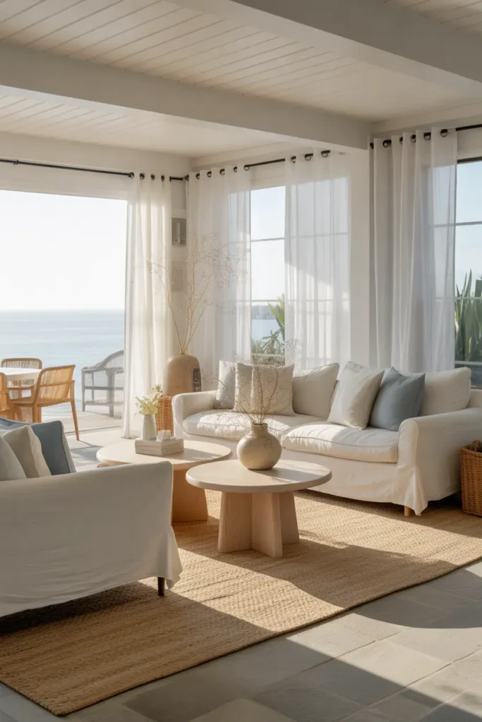 A spacious coastal living room with open layout, linen seating, light wood tables, sheer curtains, woven rug, pale blue accents, and bright natural daylight.