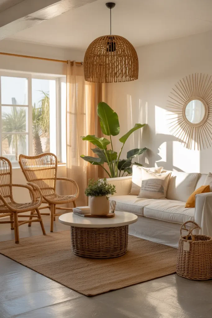 A refined coastal living room with ivory walls, pale blue pillows, soft blue artwork, linen sofa, washed wood furniture, glass lamps, and a light textured rug.