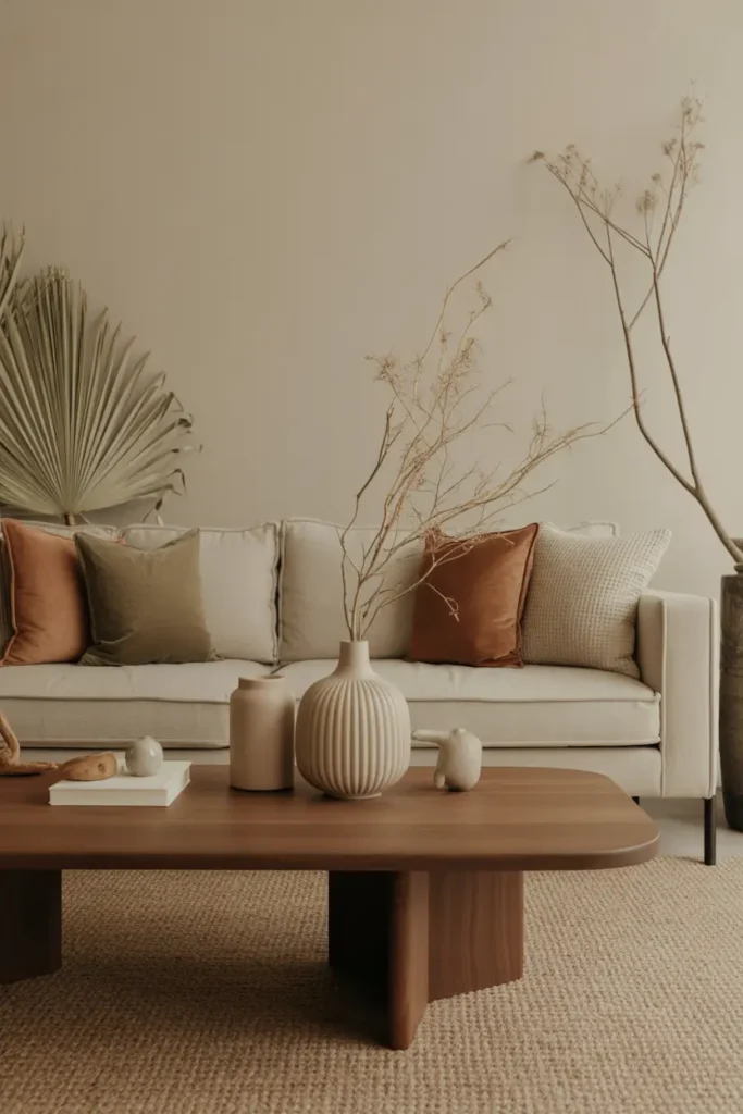 A warm living room with clay, sand, camel, olive, and cream tones, styled with a linen sofa, walnut table, woven rug, ceramic vases, and dried branches.