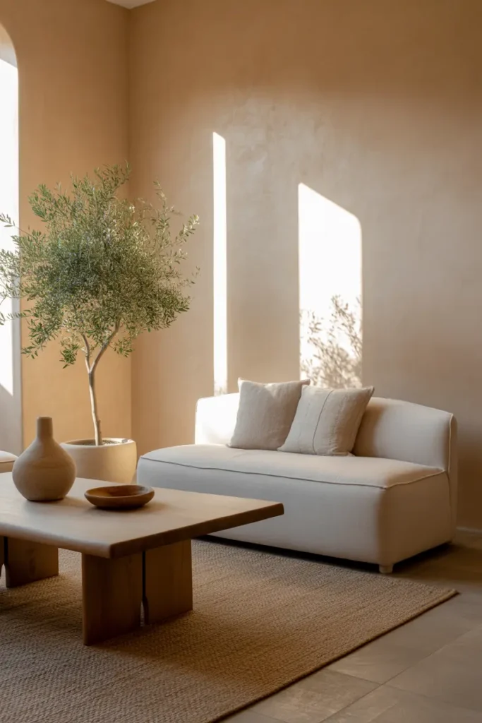 A warm living room with textured plaster walls, a curved linen sofa, raw wood table, woven rug, olive tree, ceramic vessels, and soft natural shadows.