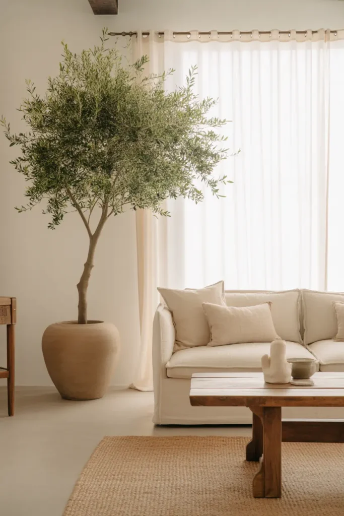 An airy living room with a large indoor olive tree, linen sofa, rustic wood table, woven rug, ceramic pot, soft drapery, and warm ivory tones.