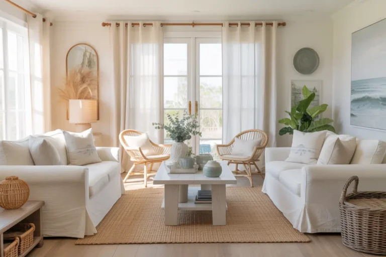 Coastal living room with white linen sofa, light wood furniture, jute rug, blue accents, rattan decor, and soft natural light.