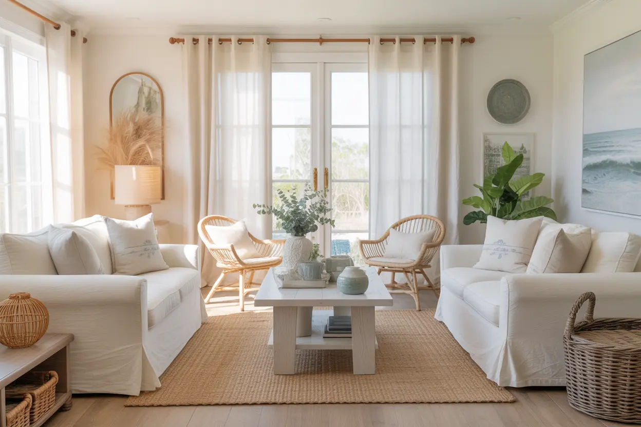 Coastal living room with white linen sofa, light wood furniture, jute rug, blue accents, rattan decor, and soft natural light.