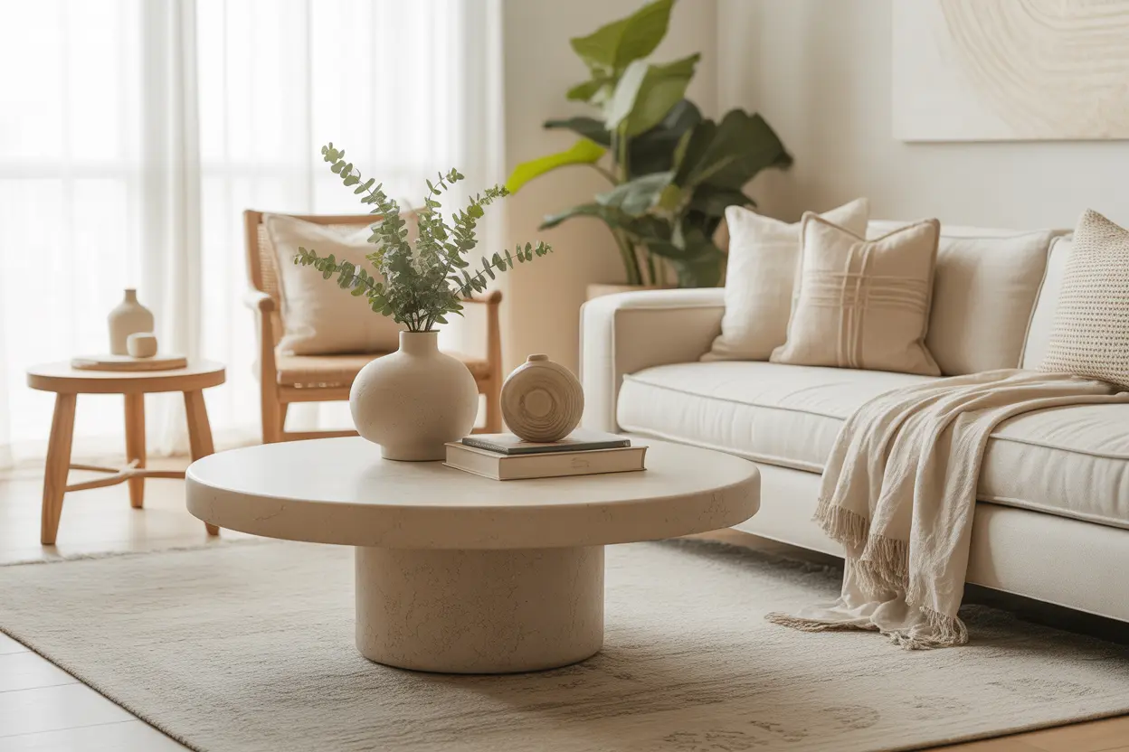 Create a bright organic modern living room with soft natural light, warm neutral tones, oak wood textures, linen seating, a stone coffee table, textured rug, ceramic decor, indoor plant, and layered styling. Keep the mood calm, airy, cozy, elegant, and suitable for a Pinterest style blog featured image. Leave clean space for title text overlay.