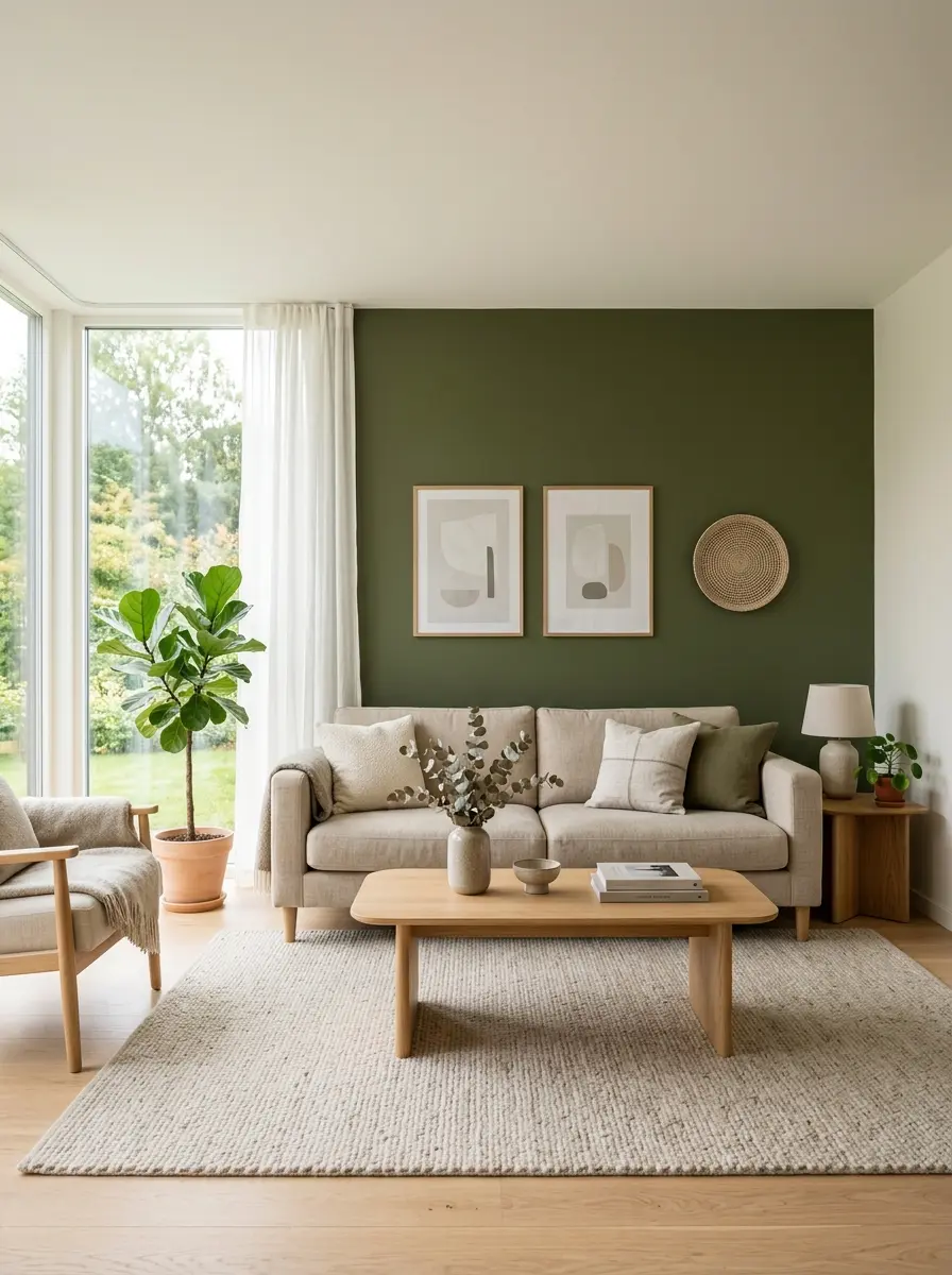 Living room with olive green accents, neutral tones, and natural textures