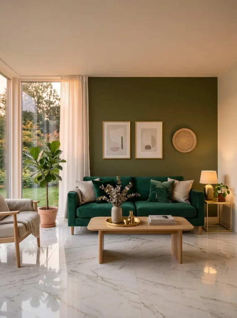 Elegant living room with emerald green velvet sofa. Gold side table and brass decor accents. White marble flooring. Warm evening lighting creating luxury atmosphere. Modern upscale interior style. 
