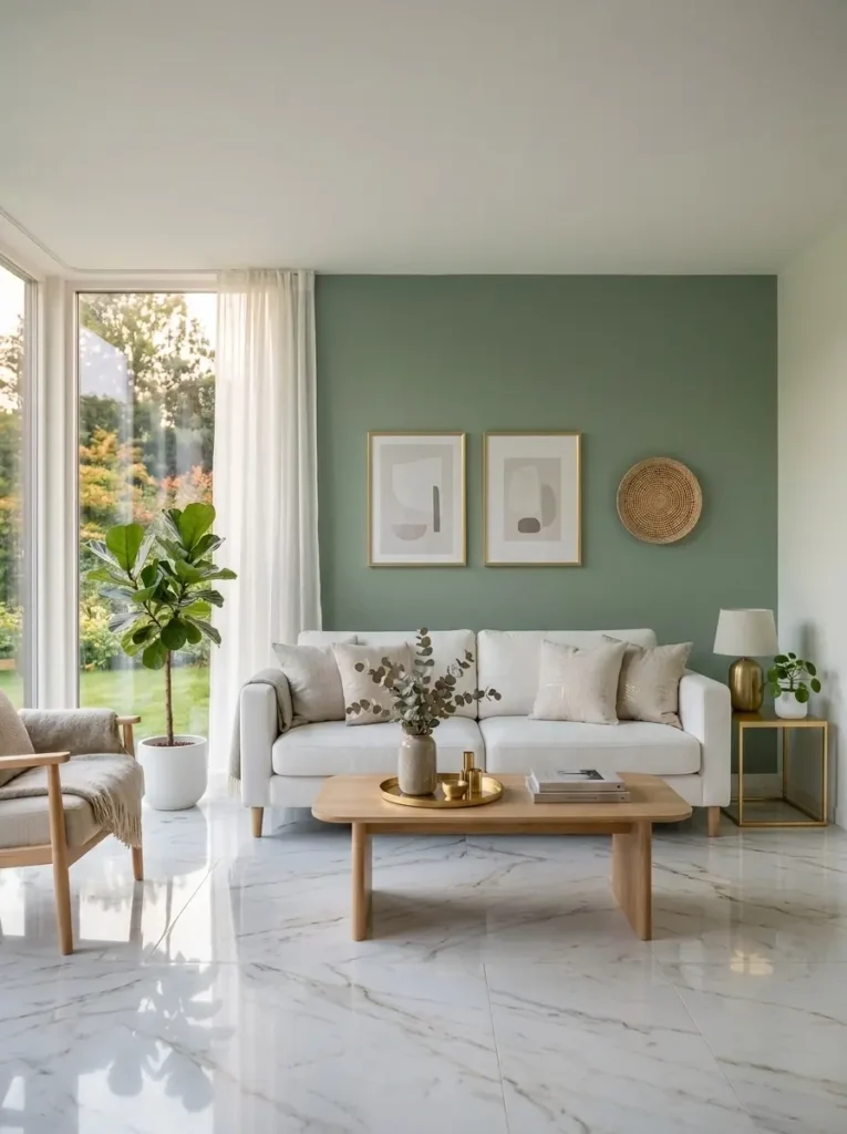 Minimal living room with sage green walls and white sofa. Light oak wood furniture. Indoor plants in ceramic pots. Bright natural daylight filling the room. Scandinavian minimalist design. Calm airy mood. 