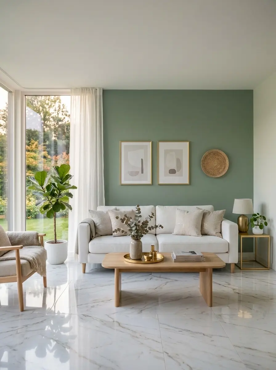 Minimal living room with sage green walls, white sofa, and indoor plants