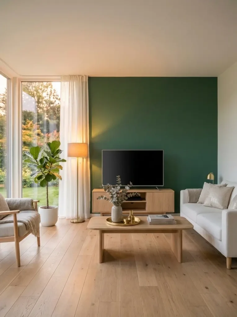Modern living room with dark forest green wall behind TV unit. White sofa and light wood floor. Warm soft lighting from floor lamp. Balanced contrast interior style. Cozy modern mood. 