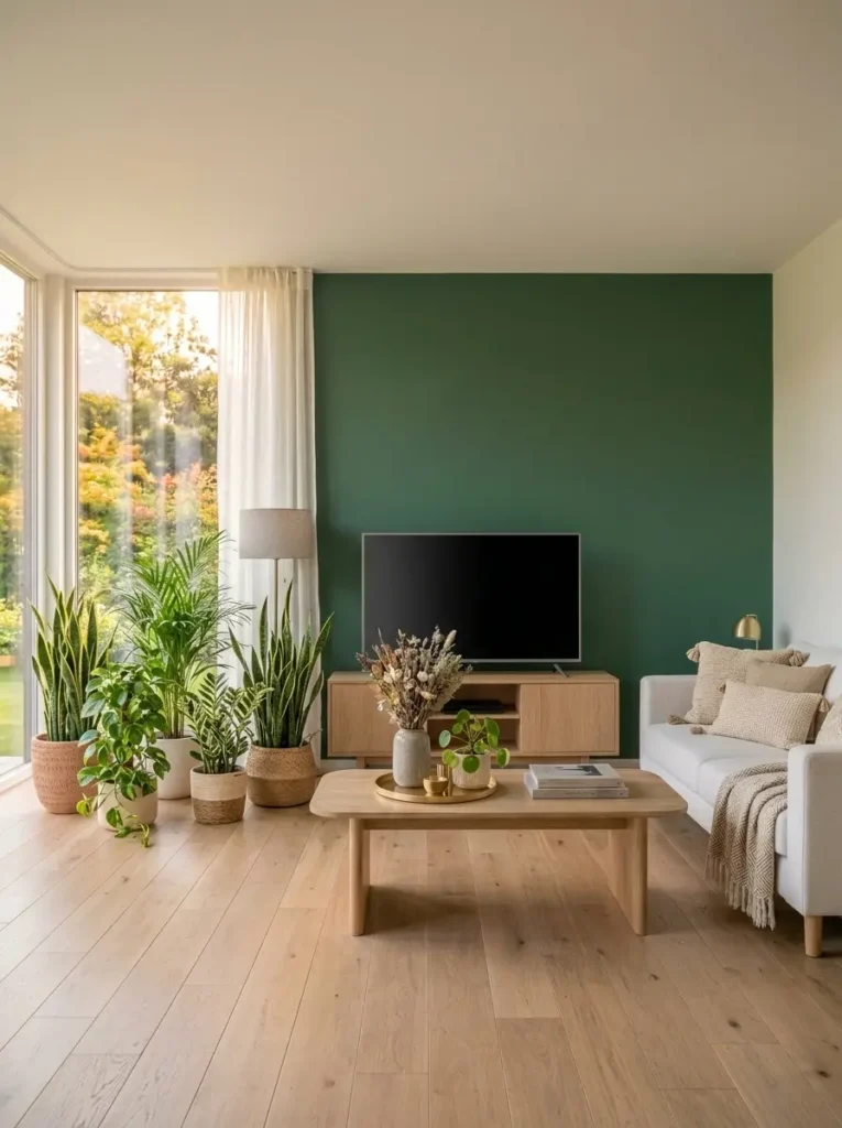 Bright living room filled with indoor plants like snake plant and money plant. Neutral sofa and beige cushions. Natural sunlight from large window. Fresh and organic mood. Modern bohemian style. Eye level shot. Photorealistic. 
