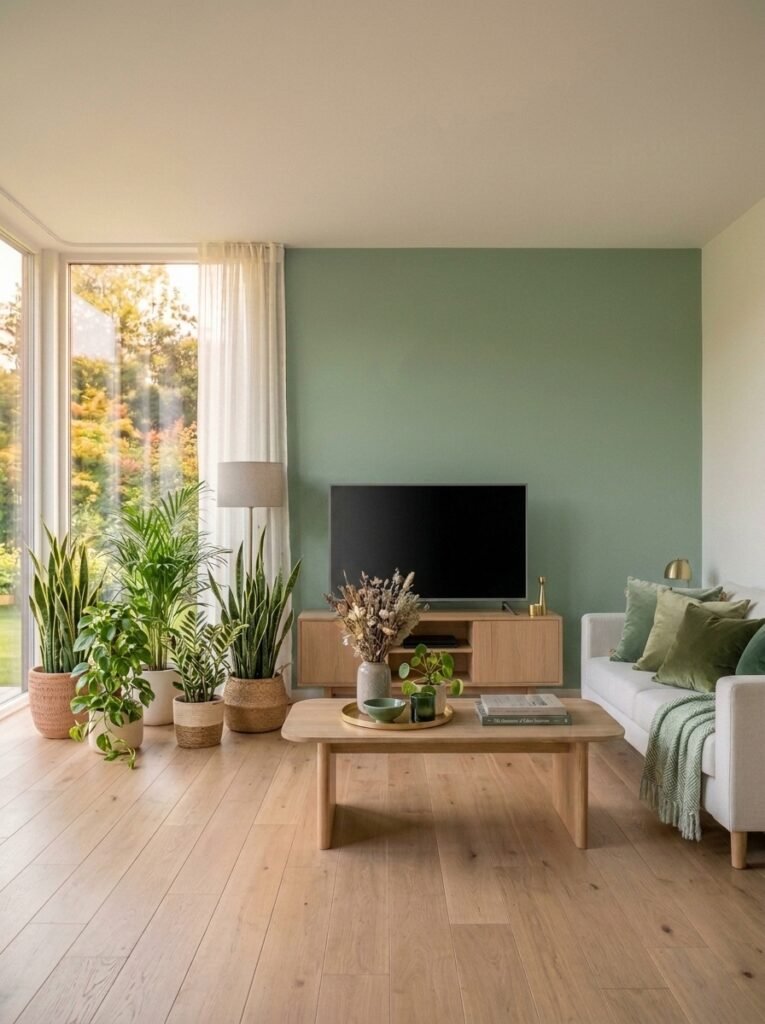 Stylish living room with beige sofa and green cushions. Soft green accent wall. Light wooden coffee table. Natural daylight. Balanced modern interior style. Calm and elegant mood. 