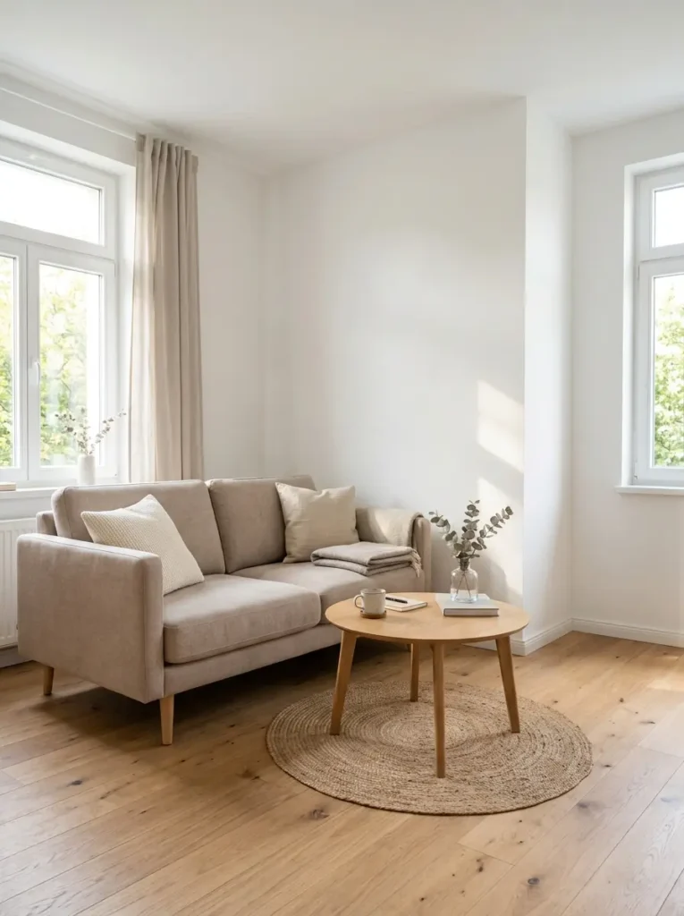 Modern Scandinavian living room with a beige sofa, round table, white walls, light wood floor, and soft morning sunlight in a clean, uncluttered space.