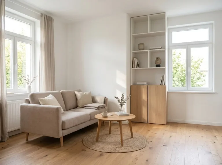 Modern Scandinavian small apartment living room with a sofa, coffee table, vertical storage, and a large window in a bright, minimalist space.