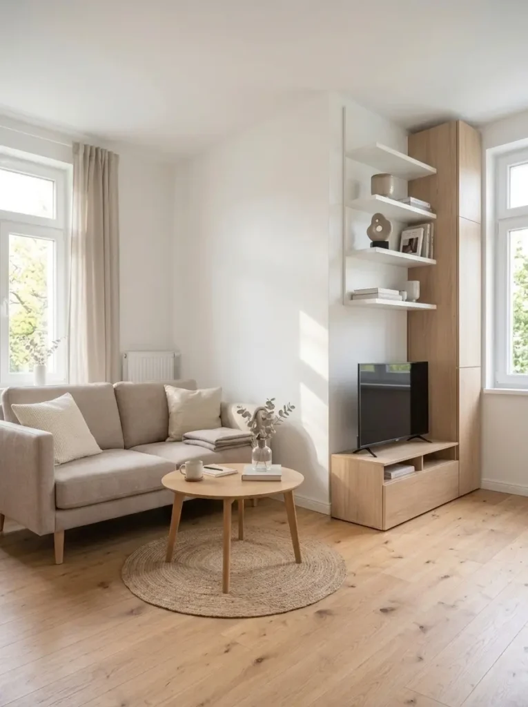 Small modern living room with vertical wall shelves, a slim storage cabinet, a TV unit, and bright natural daylight.