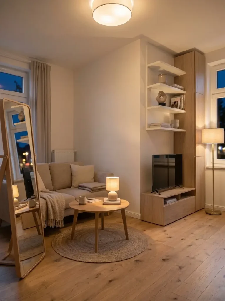 Compact Scandinavian living room with layered lighting, a large mirror, and a warm, cozy atmosphere.