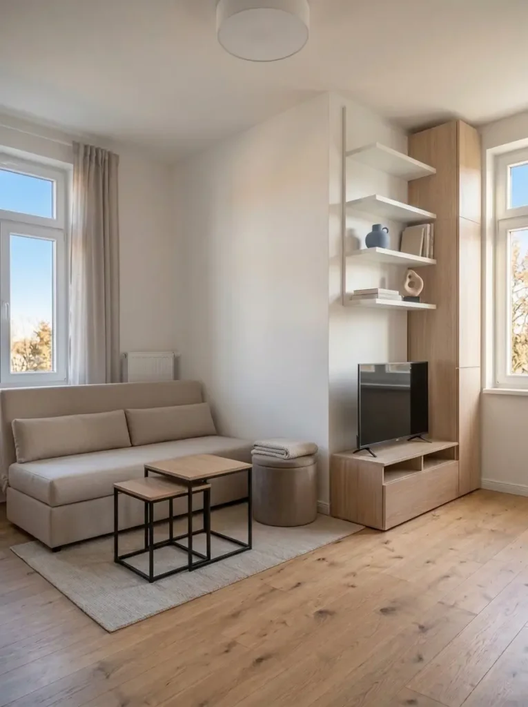 Clean minimalist living room with almost empty surfaces. Simple sofa, one table, very few decor items. Hidden storage design feel. White and light grey tones. Bright daylight. Calm premium interior look. Wide shot composition. Photorealistic. No clutter.
