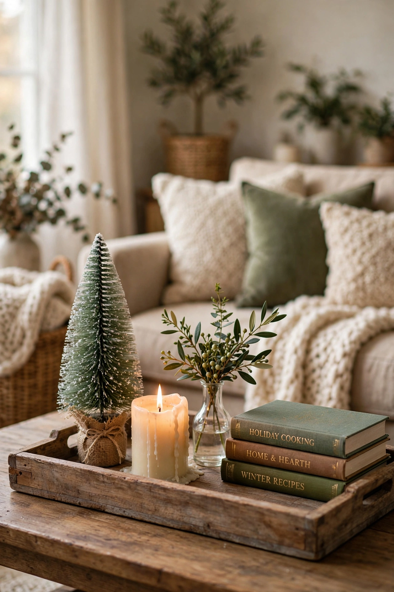 Christmas coffee table decor with tray, candle, mini tree, and greenery