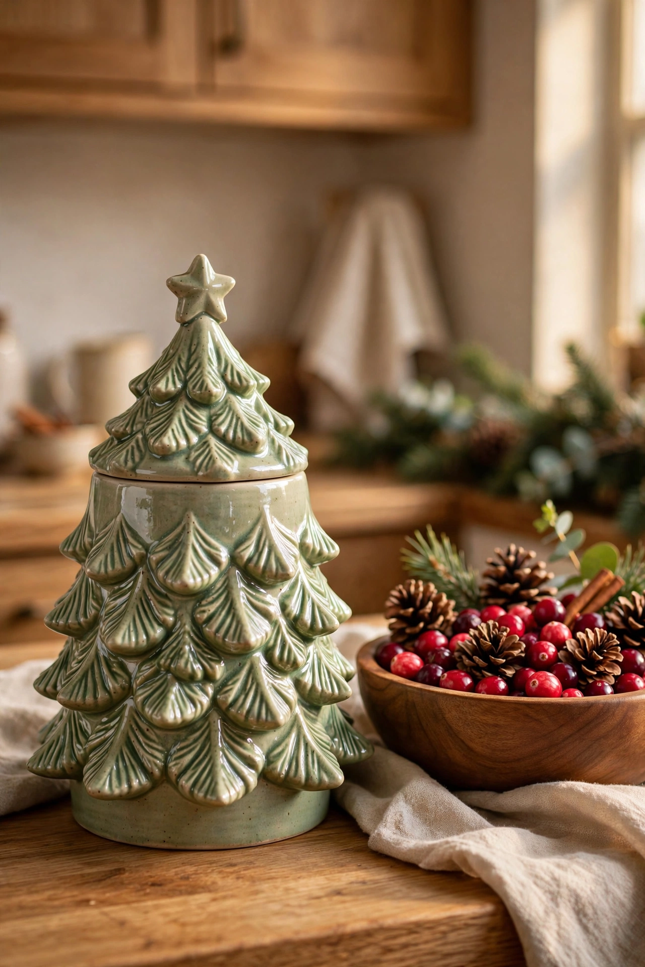 Christmas cookie jar and cranberry bowl styled on a kitchen counter