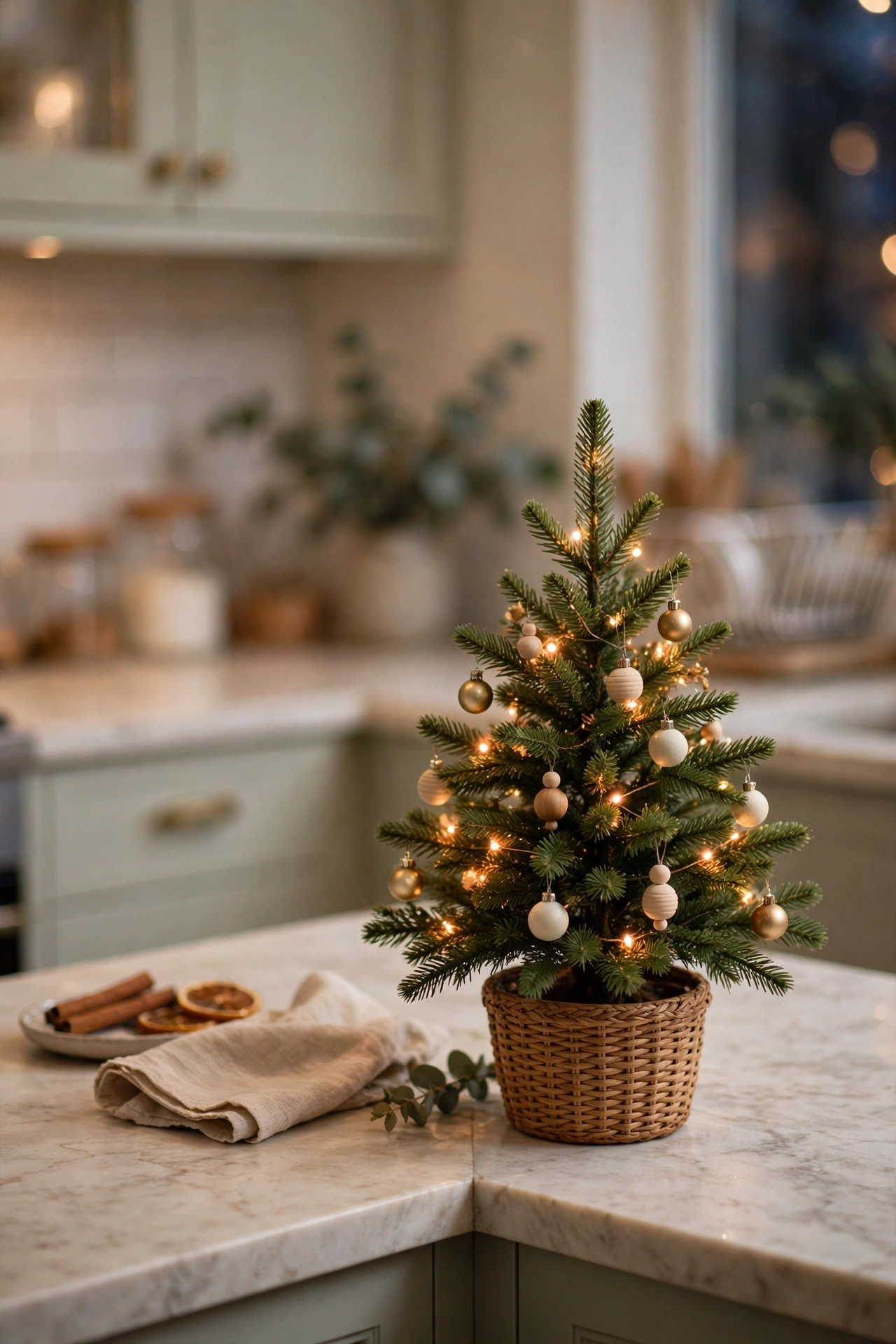 Small Christmas tree on a kitchen counter with simple ornaments