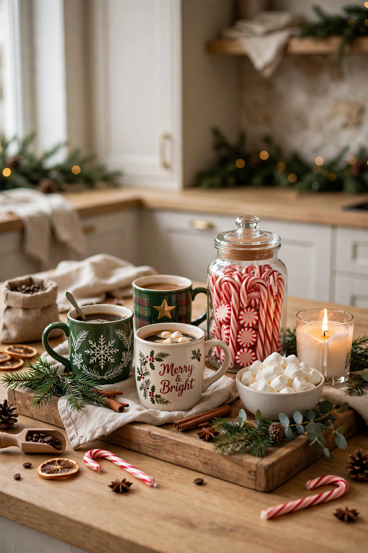 Holiday mug station with Christmas mugs, candy canes, and a tray