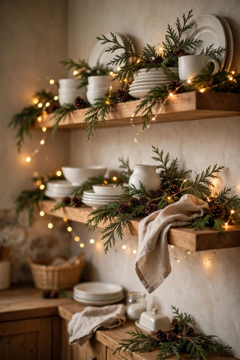 Open kitchen shelves styled with Christmas greenery and fairy lights