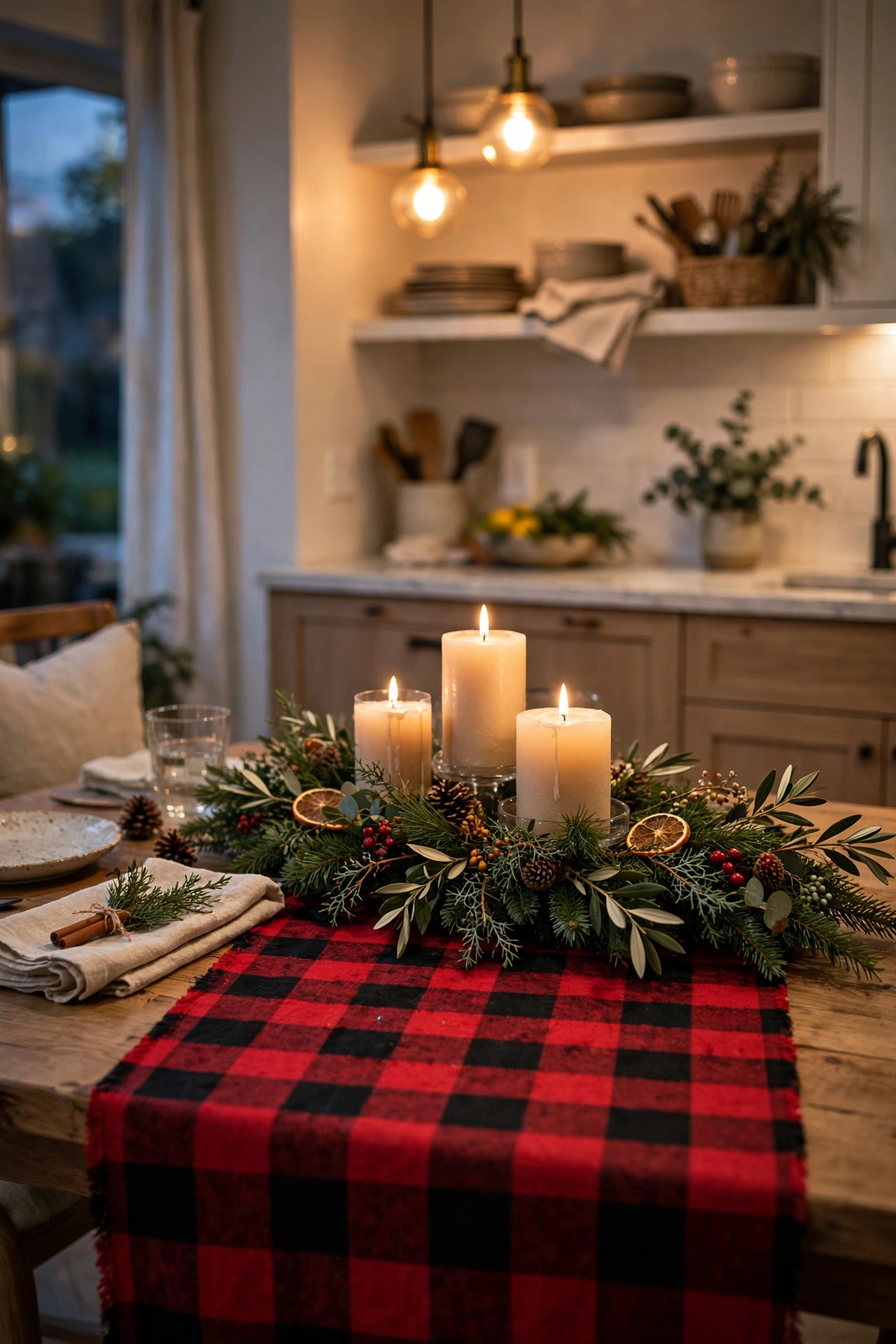 Eat-in kitchen table with Christmas runner, greenery centerpiece, and candles