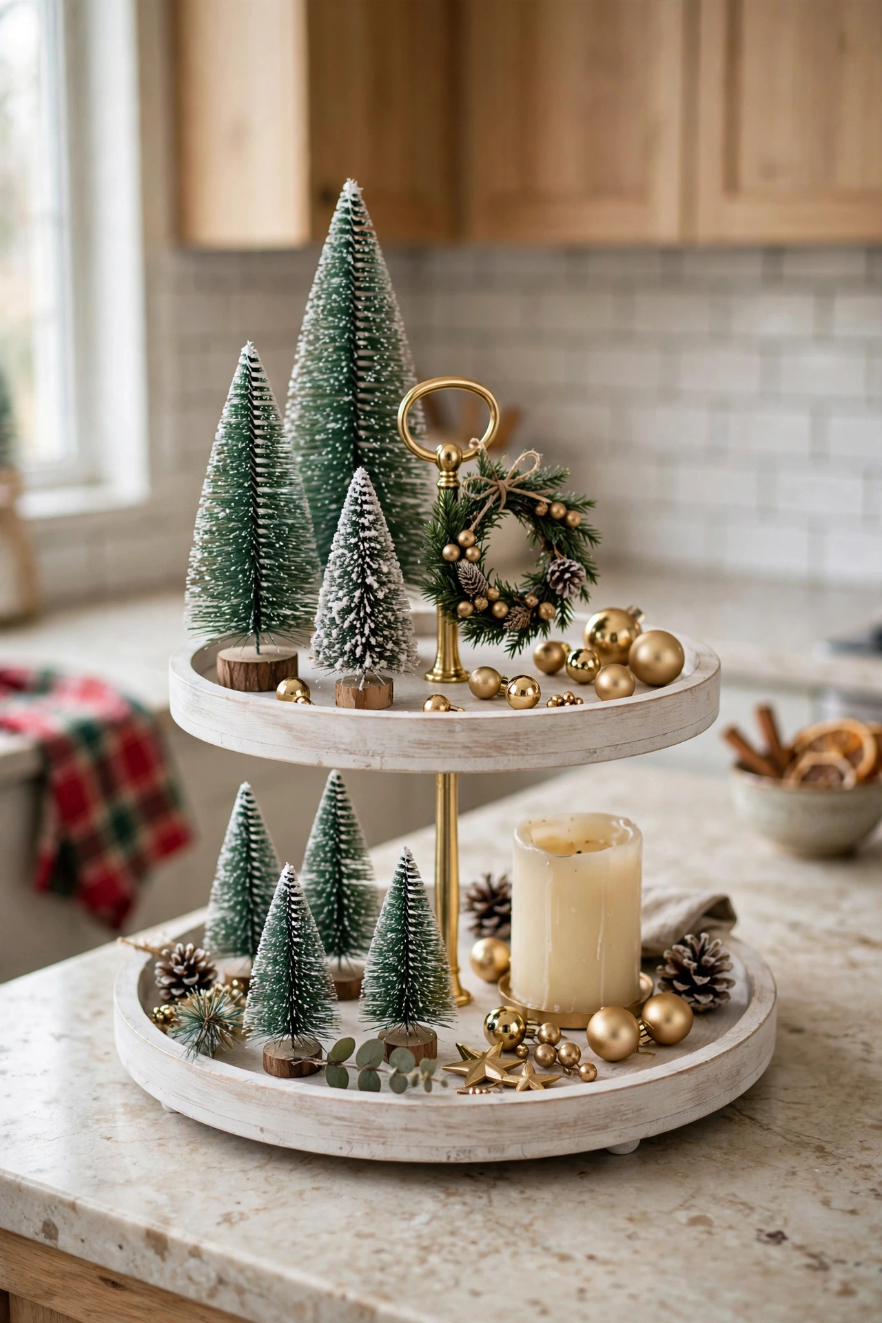 Tiered tray styled with mini Christmas trees, wreath, and ornaments