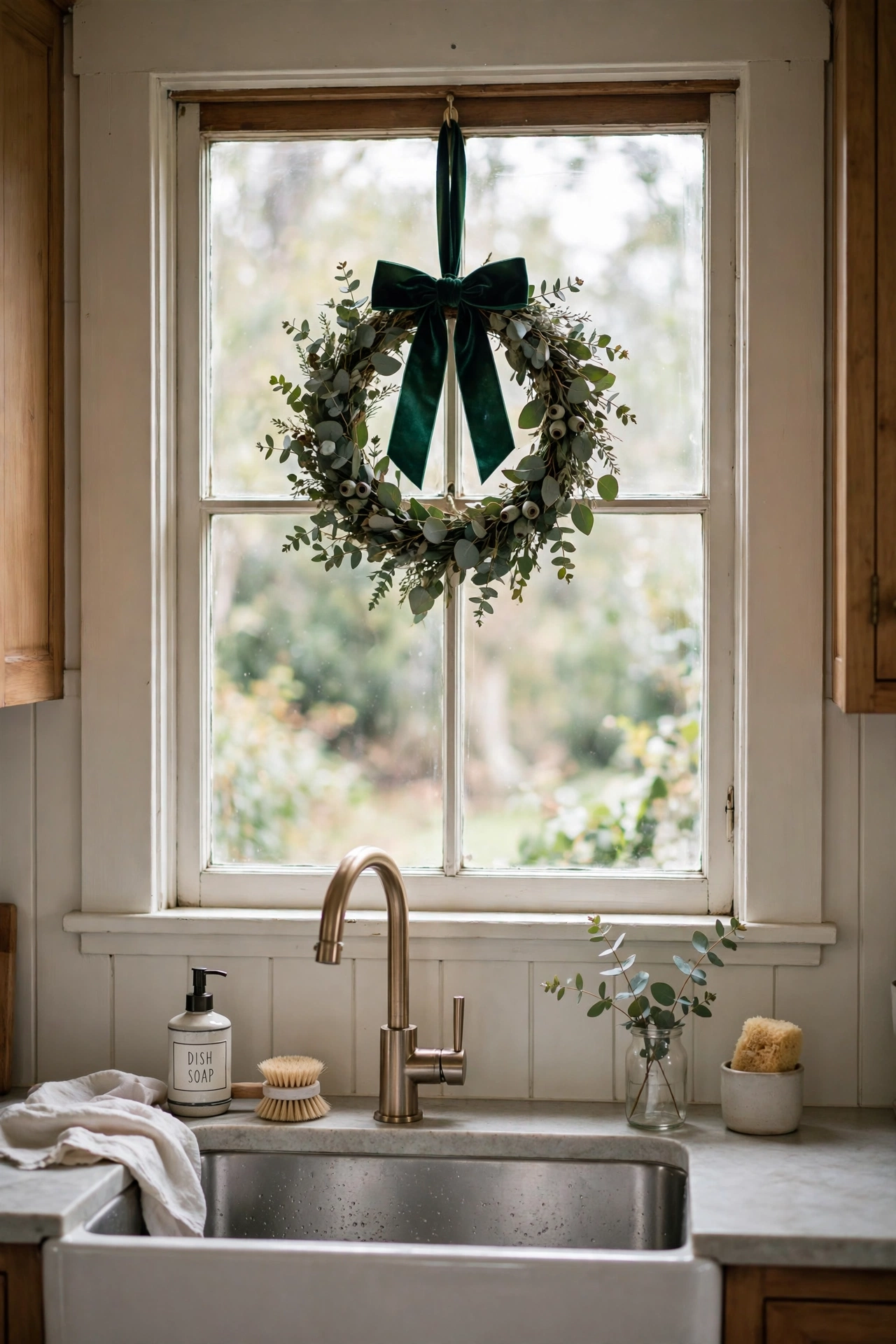Mini Christmas wreath hanging on a kitchen window with ribbon