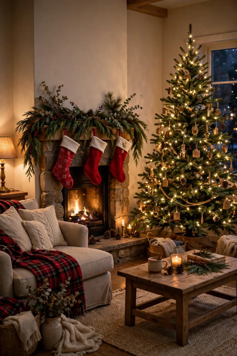 Cozy Christmas living room decor ideas with a lit tree, fireplace garland, and plaid throw