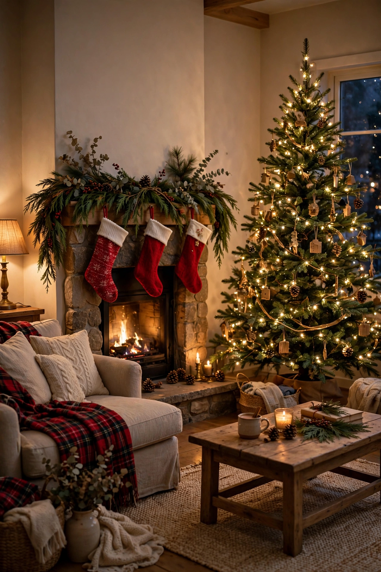 Cozy Christmas living room decor ideas with a lit tree, fireplace garland, and plaid throw
