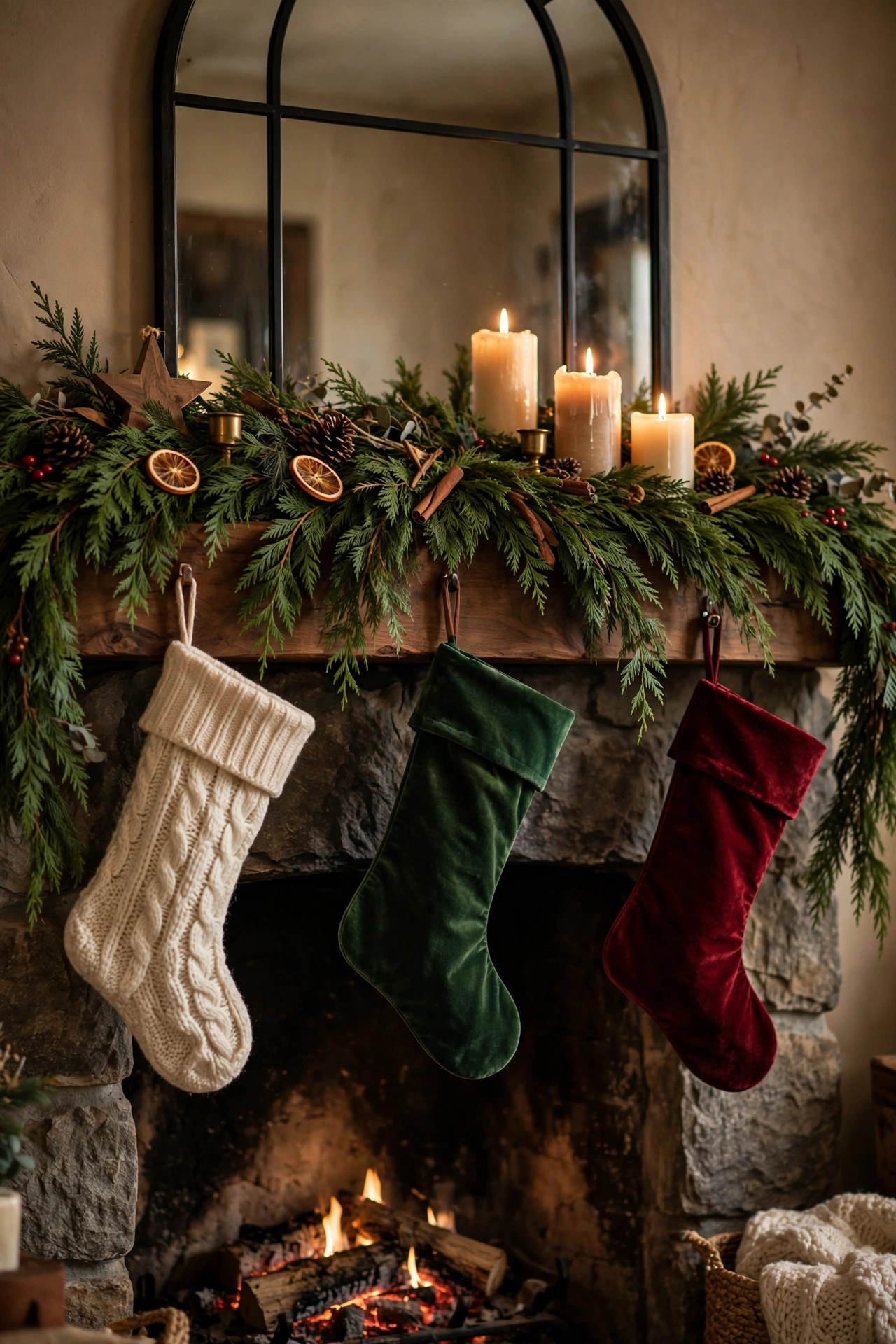 Christmas mantel decor ideas with real cedar garland, stockings, and candles