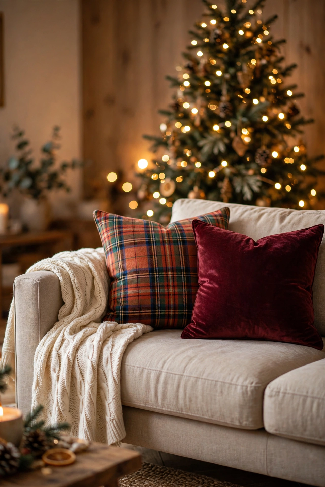 Cozy sofa styled with plaid and velvet Christmas pillows and knit throws