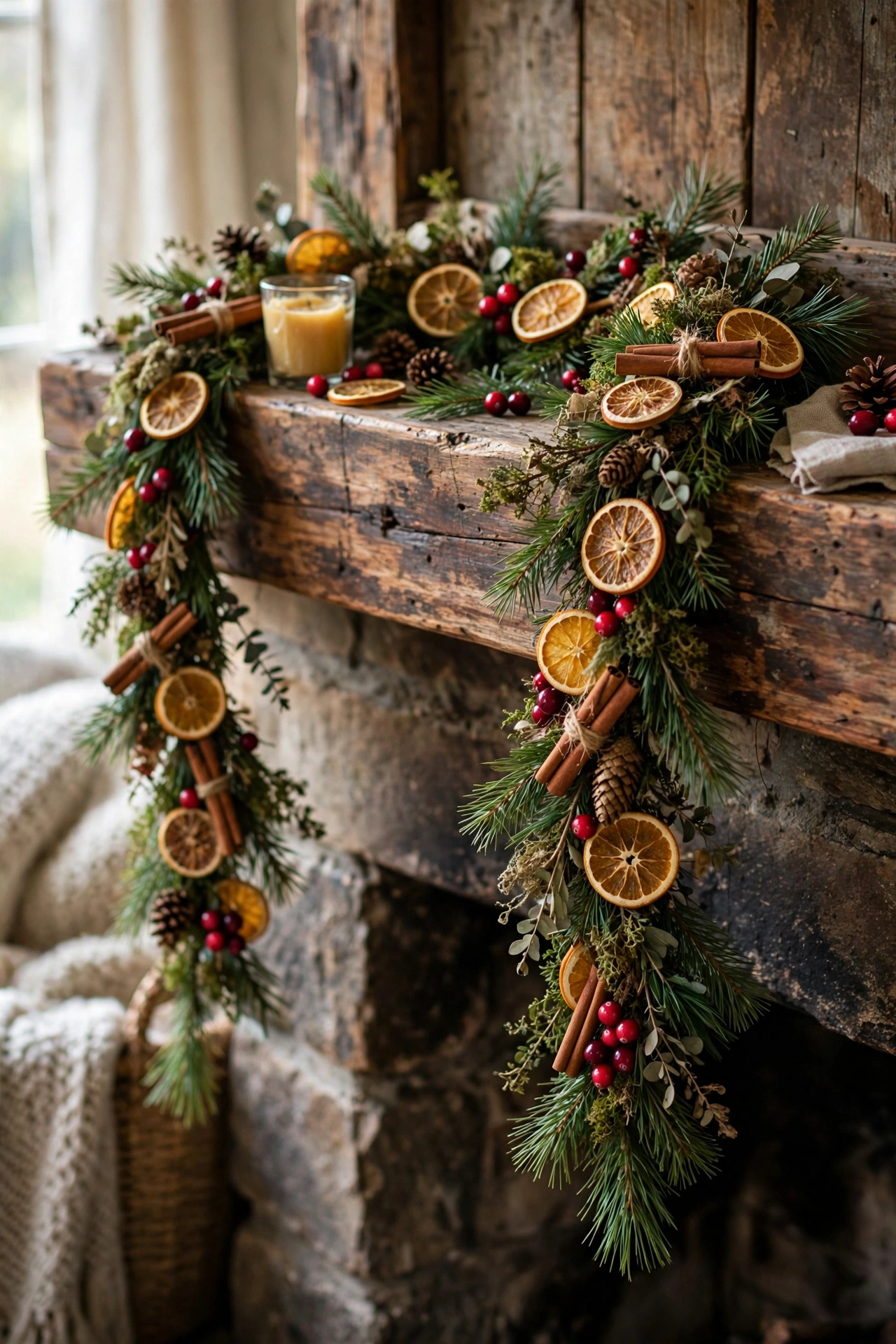 DIY dried orange and cinnamon Christmas garland on a mantel