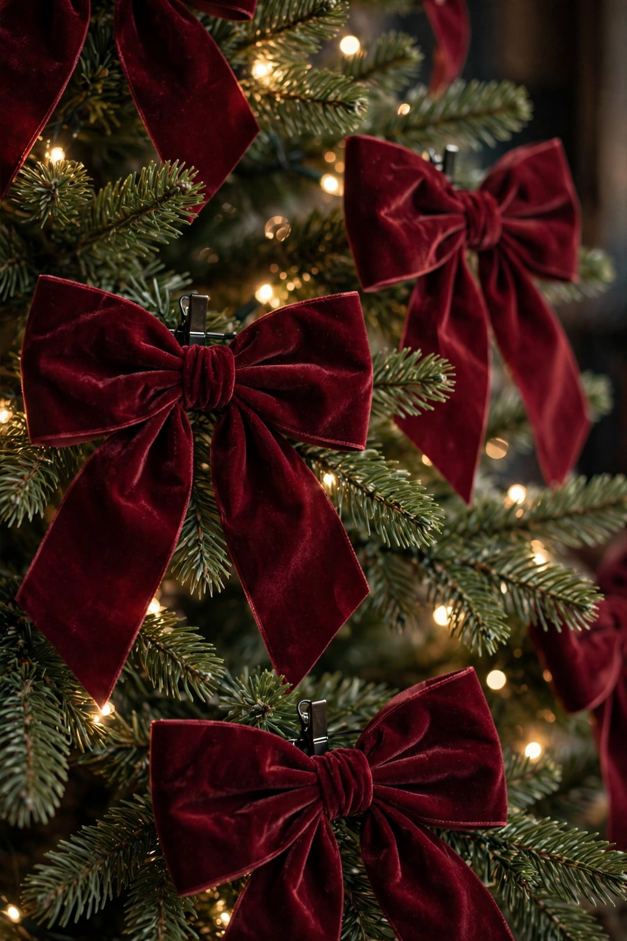 Christmas tree decorated with oversized velvet bows and warm white lights
