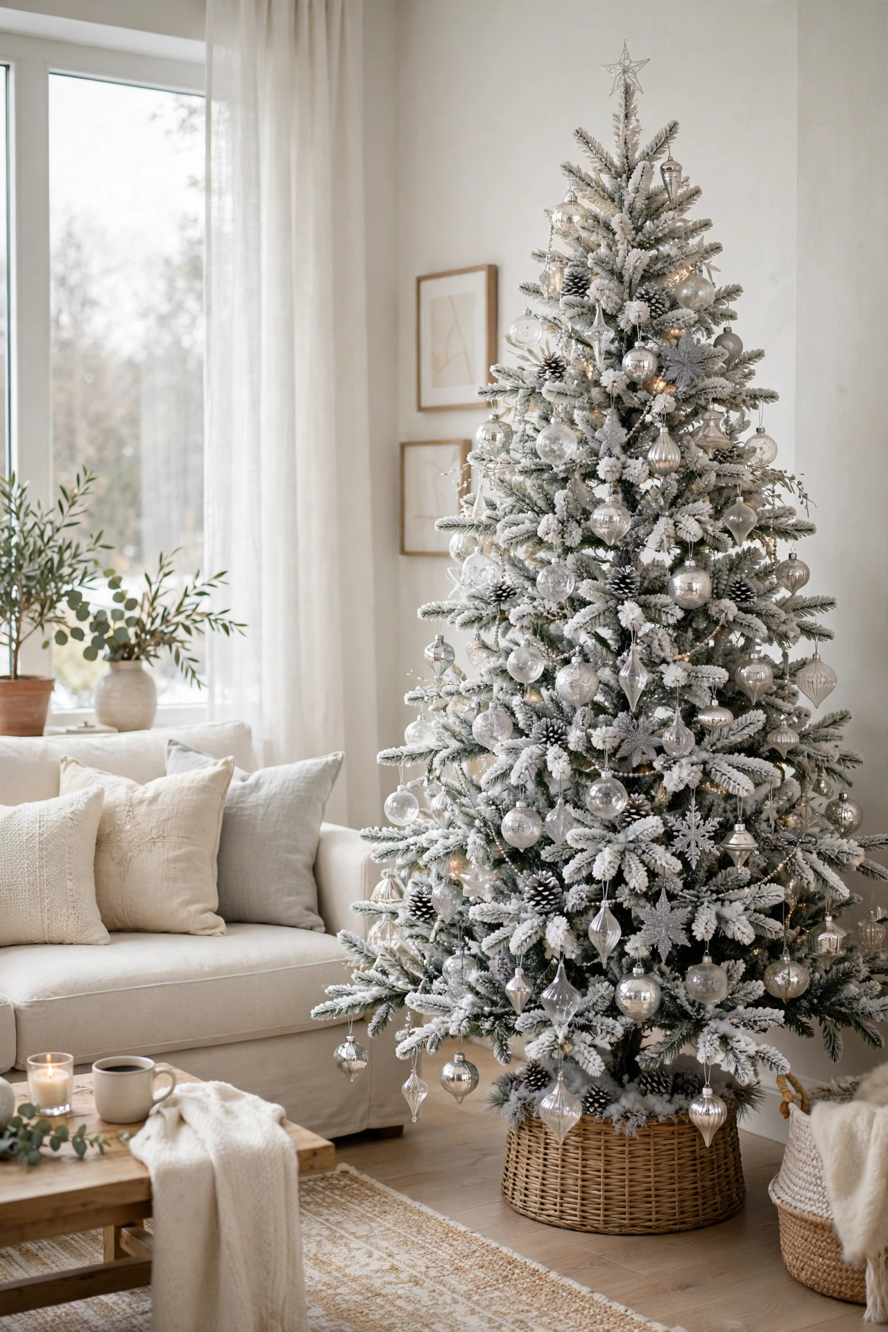 Elegant white Christmas tree decor ideas with silver ornaments in a living room