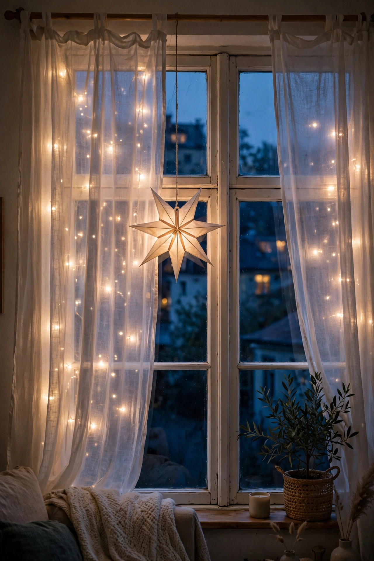 Living room window with fairy lights glowing behind sheer curtains at dusk